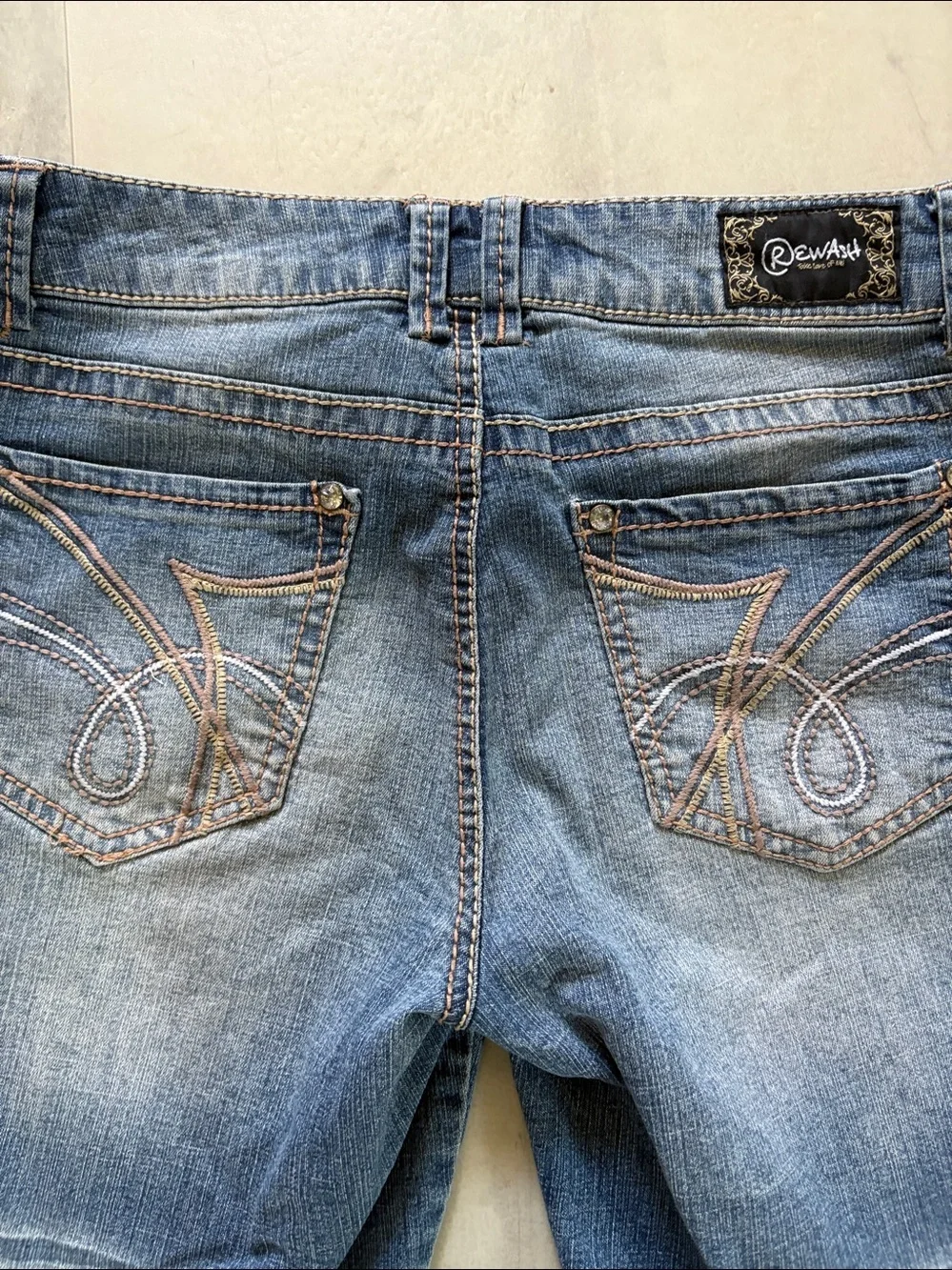 Rewash Blue Faded whiskered stretch Denim Bermuda Shorts/rhinestone studs  decor
